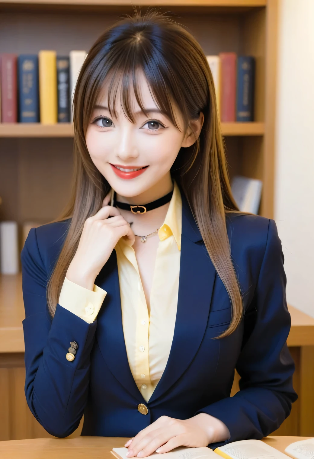 Score_8up, Score_9, A beautiful girl who is a relative, Submissive woman, Happy expression, ((Light yellow tight collar shirt、Navy Blue Blazer)), Orthodox clothing, announcer、Adorable, smile, Slim face, The body is slim,Straight Long Hair, Brown Hair, sexy, girl, Perfect hands,Black Choker、Blue contact lenses、bangs、Very thick and long eyelashes、((Big Breasts)), Big Breasts, Red lipstick, Anatomically correct, upright、Lounge, counter,Manuscript on the table、announcer