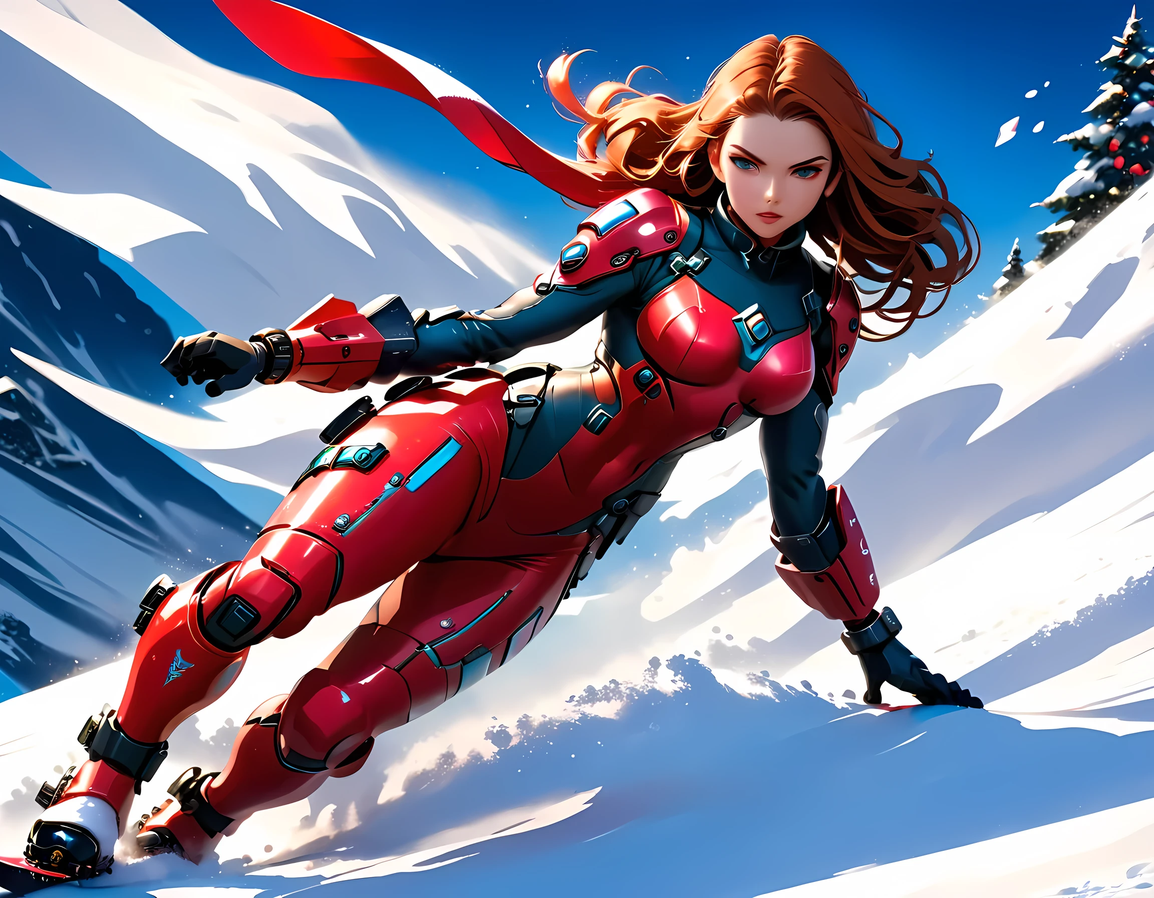 high details, best quality, 16k, [best detailed], masterpiece, best quality, (extremely detailed), photorealistic, fantasy art, RPG art, a picture of a mech girl, full body, wearing red mech suit, surfing on snowboard, in the snow, epic beautiful human woman (best details, Masterpiece, best quality), ultra detailed face (best details, Masterpiece, best quality), dynamic hair, green eyes, mech suit, tight mech suit, (best details, Masterpiece, best quality), snowy mountain background, anime, action shot