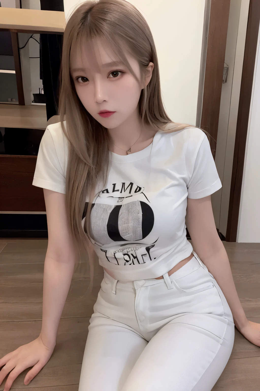 It was raining heavily, Best quality, 4K, 8K, Detailed faces, Beauty girl, Korean makeup, Kaihuai, Perfect body, Medium breasts, upper legs, Platinum hair, Girl in long t-shirt, T-shirts only, and thigh T-shirts, thin tshirt, T-shirt underwear, streetview,