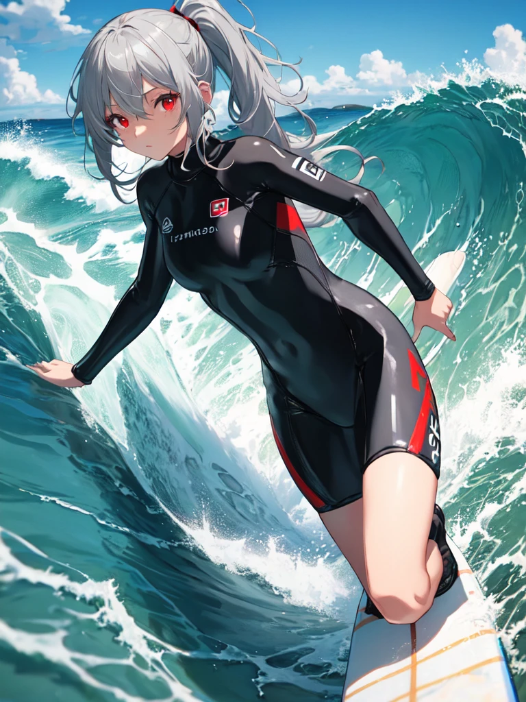 A woman with silver bob hair and blue eyes, (She is looking down), extremely detailed and realistic, masterpiece quality, ultra-detailed, HDR, vivid colors, physically-based rendering, thick thighs, (scornful grin), she is a surffer, long thick muscular thighs, wearing wet suit, sun, sea, ((she is riding a big wave while surfing)), she is a good surfer