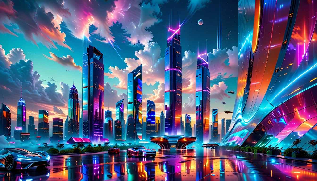 A Masterpiece In 32K Resolution, Supreme Quality, Super Detail, Official Art, Very High-Resolution 32K Wallpaper, Futuristic And Transcendent, Ultra-Detailed Features, Urban Dreamscape. Skyscrapers With Iridescent Surfaces Tower Above A Bustling City, Bathed In Neon Lights And Holographic Displays. Hovering Vehicles Glide Through The Air, While Lush Rooftop Gardens Add A Touch Of Nature To The Urban Landscape. A Radiant Moon Hangs Low In The Sky, Casting A Soft Glow On The Vibrant Streets Below.