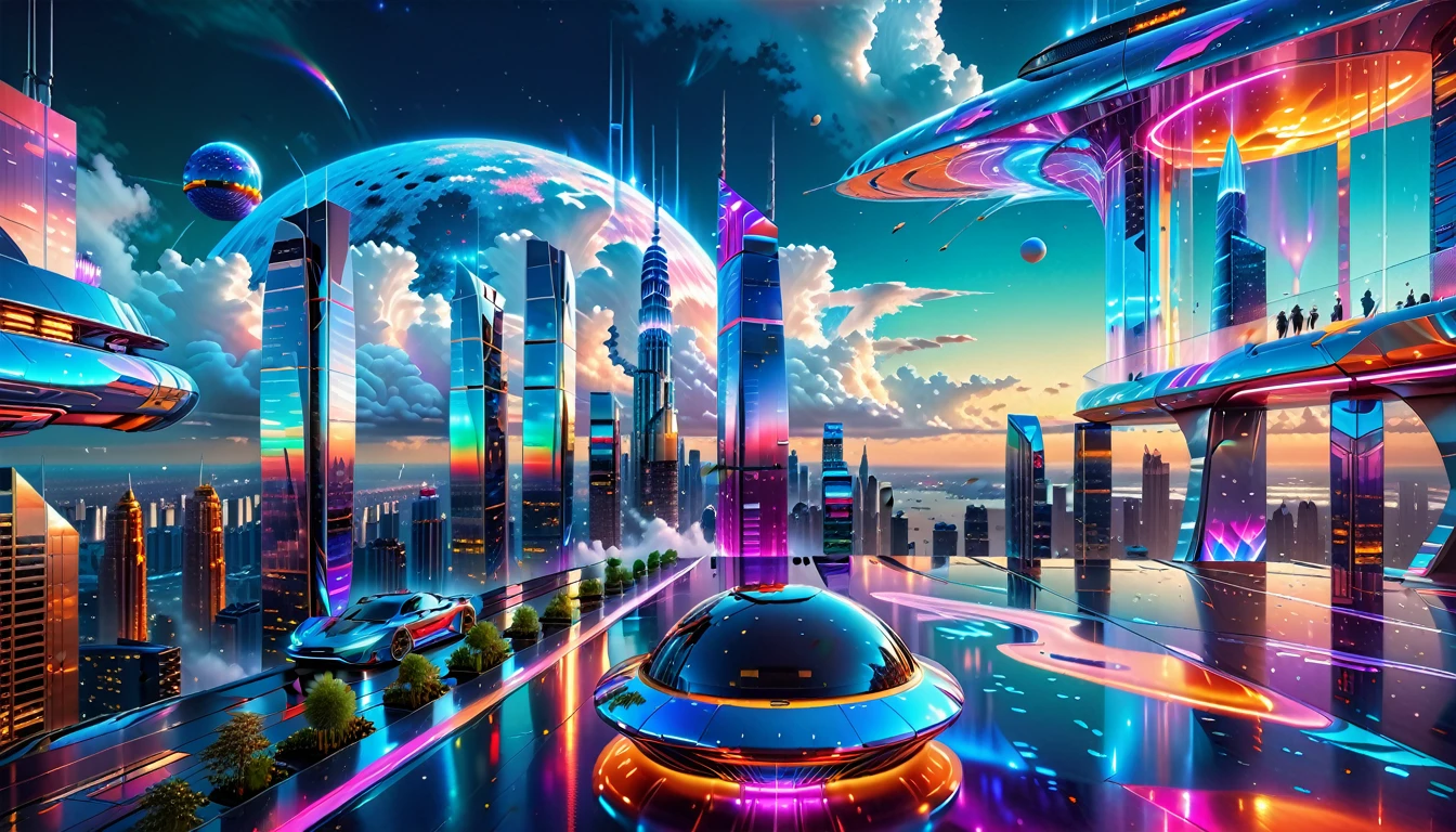 A Masterpiece In 32K Resolution, Supreme Quality, Super Detail, Official Art, Very High-Resolution 32K Wallpaper, Futuristic And Transcendent, Ultra-Detailed Features, Urban Dreamscape. Skyscrapers With Iridescent Surfaces Tower Above A Bustling City, Bathed In Neon Lights And Holographic Displays. Hovering Vehicles Glide Through The Air, While Lush Rooftop Gardens Add A Touch Of Nature To The Urban Landscape. A Radiant Moon Hangs Low In The Sky, Casting A Soft Glow On The Vibrant Streets Below.