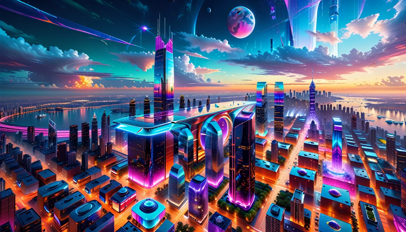 A Masterpiece In 32K Resolution, Supreme Quality, Super Detail, Official Art, Very High-Resolution 32K Wallpaper, Futuristic And Transcendent, Ultra-Detailed Features, Urban Dreamscape. Skyscrapers With Iridescent Surfaces Tower Above A Bustling City, Bathed In Neon Lights And Holographic Displays. Hovering Vehicles Glide Through The Air, While Lush Rooftop Gardens Add A Touch Of Nature To The Urban Landscape. A Radiant Moon Hangs Low In The Sky, Casting A Soft Glow On The Vibrant Streets Below.