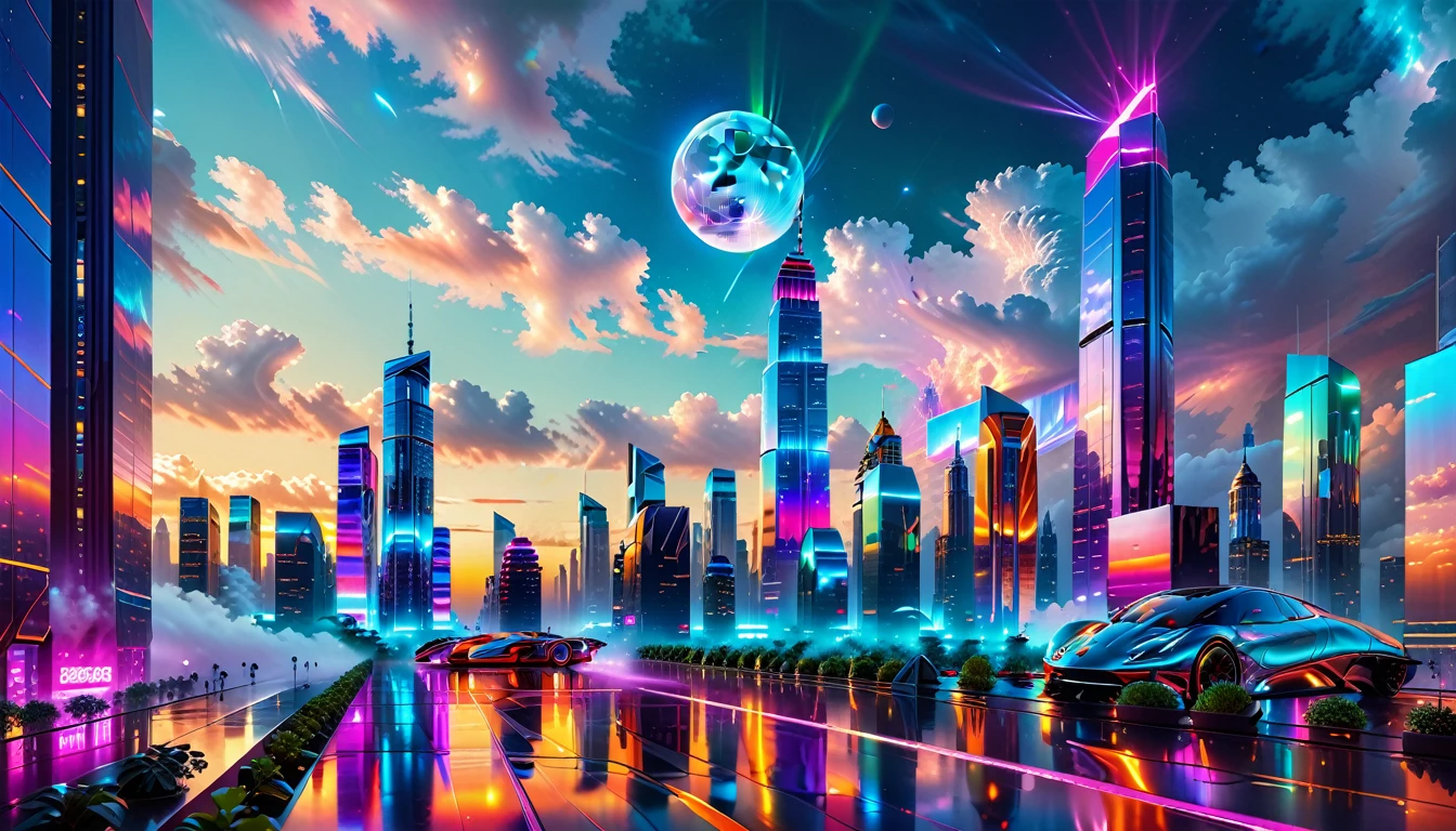 A Masterpiece In 32K Resolution, Supreme Quality, Super Detail, Official Art, Very High-Resolution 32K Wallpaper, Futuristic And Transcendent, Ultra-Detailed Features, Urban Dreamscape. Skyscrapers With Iridescent Surfaces Tower Above A Bustling City, Bathed In Neon Lights And Holographic Displays. Hovering Vehicles Glide Through The Air, While Lush Rooftop Gardens Add A Touch Of Nature To The Urban Landscape. A Radiant Moon Hangs Low In The Sky, Casting A Soft Glow On The Vibrant Streets Below.