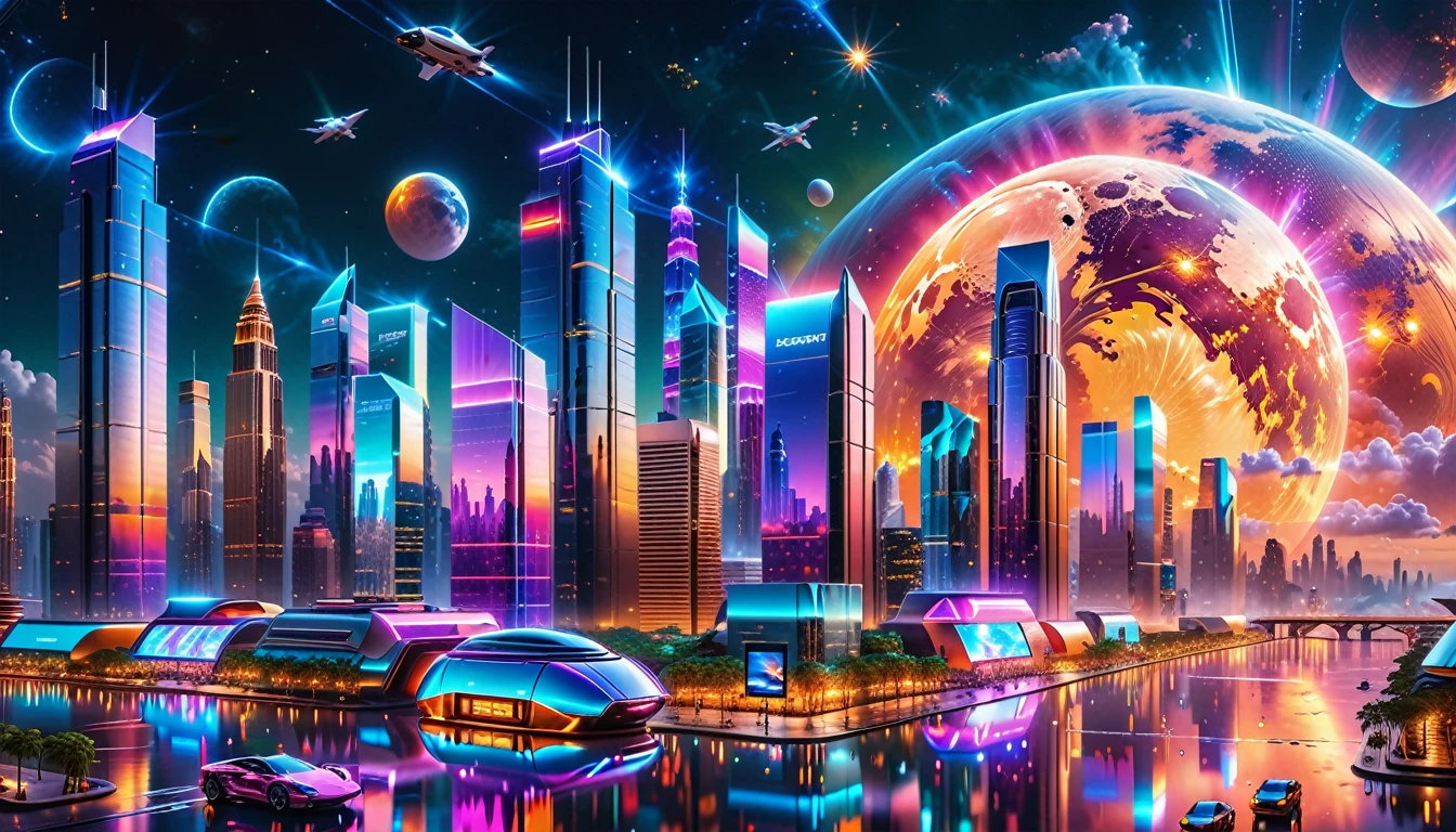 A Masterpiece In 32K Resolution, Supreme Quality, Super Detail, Official Art, Very High-Resolution 32K Wallpaper, Futuristic And Transcendent, Ultra-Detailed Features, Urban Dreamscape. Skyscrapers With Iridescent Surfaces Tower Above A Bustling City, Bathed In Neon Lights And Holographic Displays. Hovering Vehicles Glide Through The Air, While Lush Rooftop Gardens Add A Touch Of Nature To The Urban Landscape. A Radiant Moon Hangs Low In The Sky, Casting A Soft Glow On The Vibrant Streets Below.