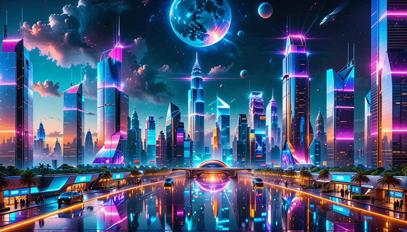 A Masterpiece In 32K Resolution, Supreme Quality, Super Detail, Official Art, Very High-Resolution 32K Wallpaper, Futuristic And Transcendent, Ultra-Detailed Features, Urban Dreamscape. Skyscrapers With Iridescent Surfaces Tower Above A Bustling City, Bathed In Neon Lights And Holographic Displays. Hovering Vehicles Glide Through The Air, While Lush Rooftop Gardens Add A Touch Of Nature To The Urban Landscape. A Radiant Moon Hangs Low In The Sky, Casting A Soft Glow On The Vibrant Streets Below.