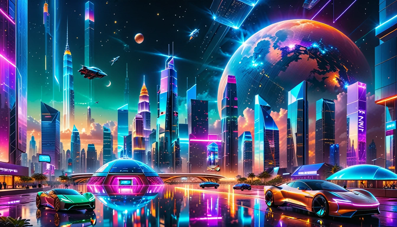 A Masterpiece In 32K Resolution, Supreme Quality, Super Detail, Official Art, Very High-Resolution 32K Wallpaper, Futuristic And Transcendent, Ultra-Detailed Features, Urban Dreamscape. Skyscrapers With Iridescent Surfaces Tower Above A Bustling City, Bathed In Neon Lights And Holographic Displays. Hovering Vehicles Glide Through The Air, While Lush Rooftop Gardens Add A Touch Of Nature To The Urban Landscape. A Radiant Moon Hangs Low In The Sky, Casting A Soft Glow On The Vibrant Streets Below.