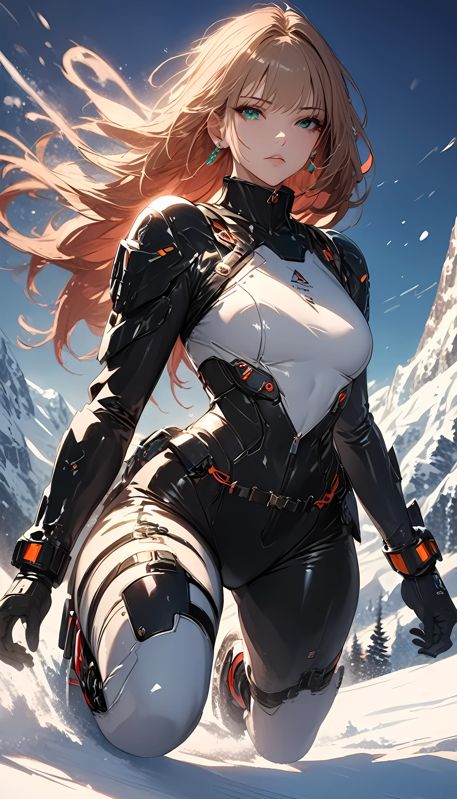 high details, best quality, 16k, [best detailed], masterpiece, best quality, (extremely detailed), photorealistic, fantasy art, RPG art, a picture of a mech girl, full body, wearing red mech suit, surfing on snowboard, in the snow, epic beautiful human woman (best details, Masterpiece, best quality), ultra detailed face (best details, Masterpiece, best quality), dynamic hair, green eyes, mech suit, tight mech suit, (best details, Masterpiece, best quality), snowy mountain background, anime, action shot