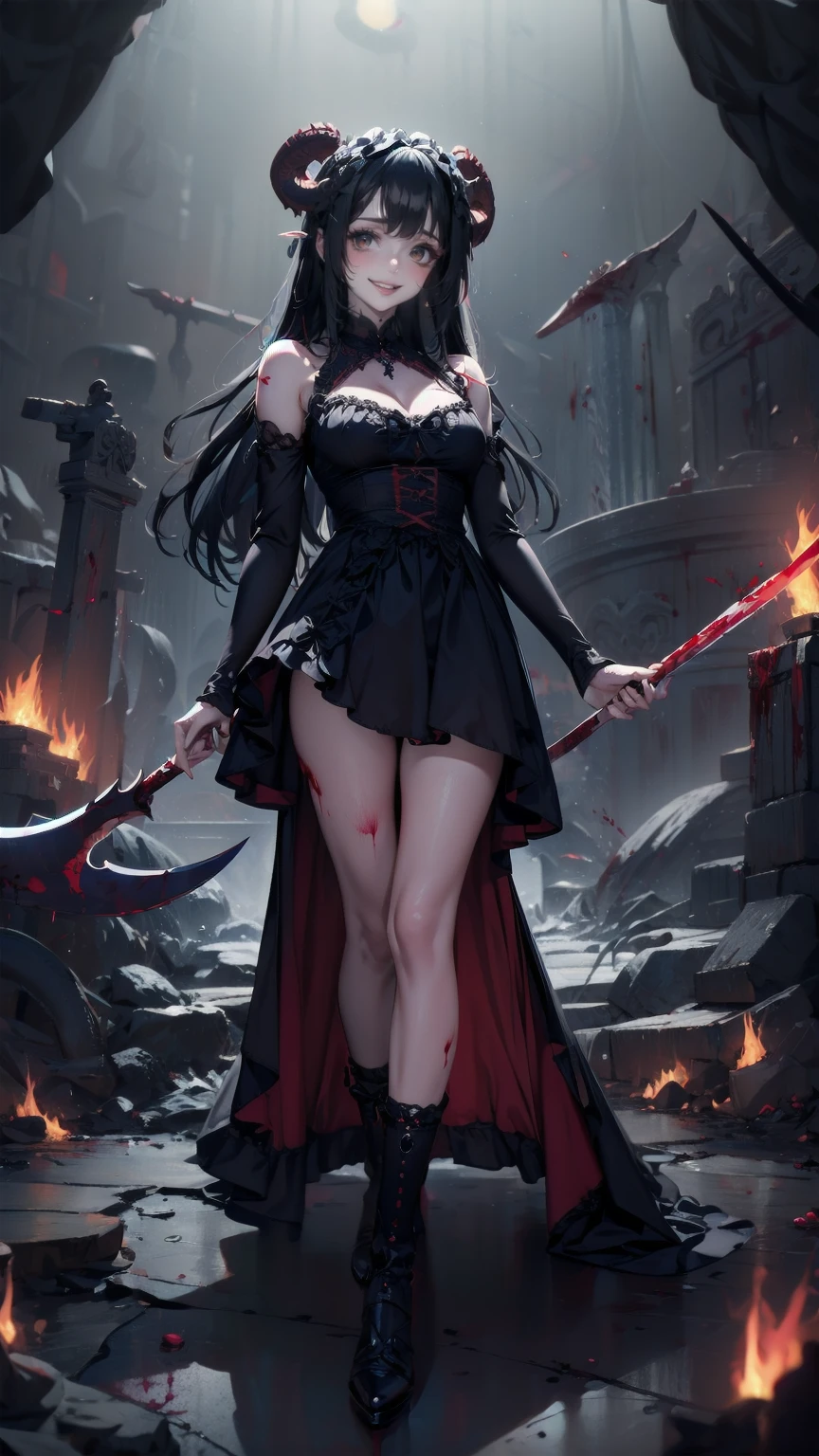 , Perfect Eyes, Soft light, High image quality, 4K resolution, masterpiece: Fine skin, Attention to detail, 最High image quality, Awards, Very detailed, High image quality, devilの女王、Horned goat, Gothic Dress, Living in the depths of hell, Lava flow, Blue long hair, blue eyes, Red High Heels, Navy Blue Dress、Shadow Face　、Have a weapon、Staring at the audience with a look of horror、beautifulgirl、とてもcute天使、Pink Gothic Fashion、cute、baby face、smile、Long skirt、Black long boots、.(最High image quality,4K,High resolution,masterpiece:1.2),Very detailed,Realistic:1.37,Spooky altar background,Dark fantasy,Red color scheme,Ominous atmosphere,Eye-catching,Dissecting the story,Anime Style,Concept Art,beautifulAttention to detail顔と (((Red eyes ))),A terrifying ritual ,devilの儀式,Premature death,Inappropriate behavior,クレイジーなsmile,Scythe Face,Girl Monster, beautiful繊細な顔立ち, Sharp Eye, Sharp Fangs, pale Skin, Dark Background Cinema Lighting, Dramatic Shadows, Gothic style, Spooky atmosphere, Dark fantasy, 1 person&#39;S, Please open your mouth wide, Open your mouth and baring your teeth,Sharp teeth like a beast, Wide lips, Very wide mouth, Red cheeks, ,(Blood splatter:1.4),Scary smile, smile,Angel Design, TwiSted smile、Bloody、Head bleeding,,,,,、Blood splatter、,(Blood splatter:1.4),skull,devil&#39;gun,Horror Style, ((Fantasy Sweet Ta Frill Pink Costume)), ((Flowing blonde hair)), ,(Blood splatter:1.4),Female Curves, Sexy flat stomach, Perfect hands, Perfect anime character face, (Pink Tata Dress)), standing, ((邪悪なsmile)), ,(Blood splatter:1.4), Steam circulation, Moonlight Illumination, night lighting, (Blood splatter:1.6),アニメAngel Design, TwiSted smile、Bloody、Head bleeding,,,,,、Blood splatter、,(Blood splatter:1.4), skull,Gothic architecture、Western architecture、ファンタジーのworld、,Victorian city, Skeleton Gas Light,Absurd, High resolution、 ((Tabletop)), ((最High image quality)), (Very detailedな), ((Very detailed)), (beautiful), ((cute)), (NFSW:1.8), 1 personで,(:1.6)、(world&#39;最も恐ろしく不気味なdevilの少女:1.5)beautifulface、Full Body Ezbian、pale, beautiful肌、beautiful金の髪、smile gently、Dark building ruins、(snow white&#39;Frill dress:1.3)、(The dark ruins are stained with blood:1.3)、Low angle full body shot、(girl is Standing in a pool of blood:1.5)、(The ground is :1.3)、(The girl lost a lot of blood........:1.3)、(クレイジーなsmile:1.6)、Spirits、(Blood dripping from the mouth:1.3)、
