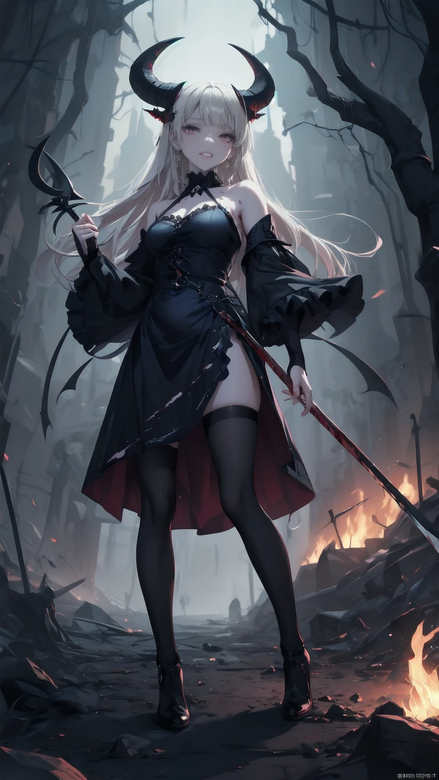 , Perfect Eyes, Soft light, High image quality, 4K resolution, masterpiece: Fine skin, Attention to detail, 最High image quality, Awards, Very detailed, High image quality, devilの女王、Horned goat, Gothic Dress, Living in the depths of hell, Lava flow, Blue long hair, blue eyes, Red High Heels, Navy Blue Dress、Shadow Face　、Have a weapon、Staring at the audience with a look of horror、beautifulgirl、とてもcute天使、Pink Gothic Fashion、cute、baby face、smile、Long skirt、Black long boots、.(最High image quality,4K,High resolution,masterpiece:1.2),Very detailed,Realistic:1.37,Spooky altar background,Dark fantasy,Red color scheme,Ominous atmosphere,Eye-catching,Dissecting the story,Anime Style,Concept Art,beautifulAttention to detail顔と (((Red eyes ))),A terrifying ritual ,devilの儀式,Premature death,Inappropriate behavior,クレイジーなsmile,Scythe Face,Girl Monster, beautiful繊細な顔立ち, Sharp Eye, Sharp Fangs, pale Skin, Dark Background Cinema Lighting, Dramatic Shadows, Gothic style, Spooky atmosphere, Dark fantasy, 1 person&#39;S, Please open your mouth wide, Open your mouth and baring your teeth,Sharp teeth like a beast, Wide lips, Very wide mouth, Red cheeks, ,(Blood splatter:1.4),Scary smile, smile,Angel Design, TwiSted smile、Bloody、Head bleeding,,,,,、Blood splatter、,(Blood splatter:1.4),skull,devil&#39;gun,Horror Style, ((Fantasy Sweet Ta Frill Pink Costume)), ((Flowing blonde hair)), ,(Blood splatter:1.4),Female Curves, Sexy flat stomach, Perfect hands, Perfect anime character face, (Pink Tata Dress)), standing, ((邪悪なsmile)), ,(Blood splatter:1.4), Steam circulation, Moonlight Illumination, night lighting, (Blood splatter:1.6),アニメAngel Design, TwiSted smile、Bloody、Head bleeding,,,,,、Blood splatter、,(Blood splatter:1.4), skull,Gothic architecture、Western architecture、ファンタジーのworld、,Victorian city, Skeleton Gas Light,Absurd, High resolution、 ((Tabletop)), ((最High image quality)), (Very detailedな), ((Very detailed)), (beautiful), ((cute)), (NFSW:1.8), 1 personで,(:1.6)、(world&#39;最も恐ろしく不気味なdevilの少女:1.5)beautifulface、Full Body Ezbian、pale, beautiful肌、beautiful金の髪、smile gently、Dark building ruins、(snow white&#39;Frill dress:1.3)、(The dark ruins are stained with blood:1.3)、Low angle full body shot、(girl is Standing in a pool of blood:1.5)、(The ground is :1.3)、(The girl lost a lot of blood........:1.3)、(クレイジーなsmile:1.6)、Spirits、(Blood dripping from the mouth:1.3)、
