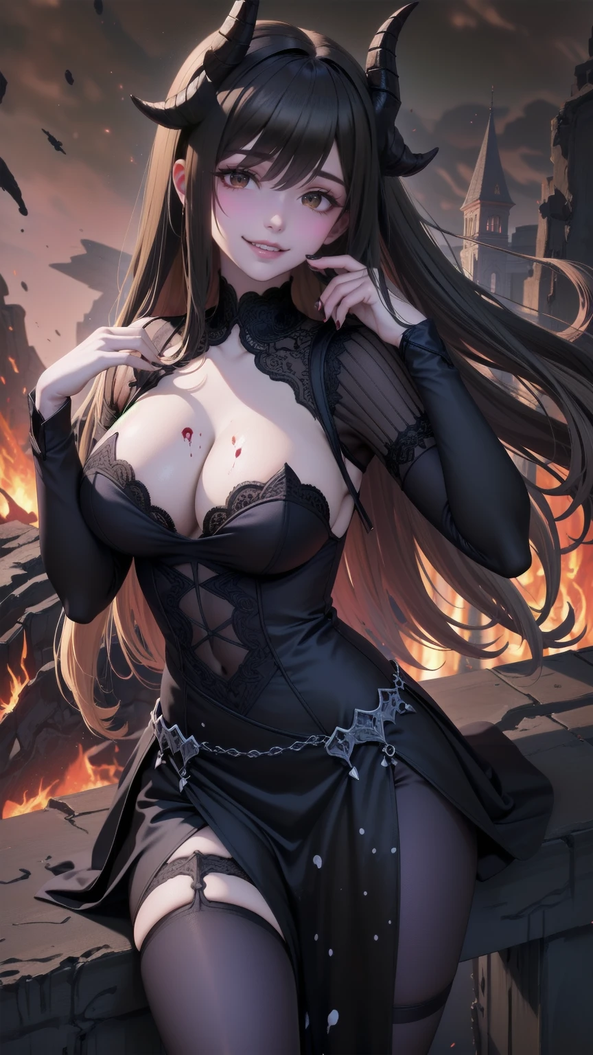 , Perfect Eyes, Soft light, High image quality, 4K resolution, masterpiece: Fine skin, Attention to detail, 最High image quality, Awards, Very detailed, High image quality, devilの女王、Horned goat, Gothic Dress, Living in the depths of hell, Lava flow, Blue long hair, blue eyes, Red High Heels, Navy Blue Dress、Shadow Face　、Have a weapon、Staring at the audience with a look of horror、beautifulgirl、とてもcute天使、Pink Gothic Fashion、cute、baby face、smile、Long skirt、Black long boots、.(最High image quality,4K,High resolution,masterpiece:1.2),Very detailed,Realistic:1.37,Spooky altar background,Dark fantasy,Red color scheme,Ominous atmosphere,Eye-catching,Dissecting the story,Anime Style,Concept Art,beautifulAttention to detail顔と (((Red eyes ))),A terrifying ritual ,devilの儀式,Premature death,Inappropriate behavior,クレイジーなsmile,Scythe Face,Girl Monster, beautiful繊細な顔立ち, Sharp Eye, Sharp Fangs, pale Skin, Dark Background Cinema Lighting, Dramatic Shadows, Gothic style, Spooky atmosphere, Dark fantasy, 1 person&#39;S, Please open your mouth wide, Open your mouth and baring your teeth,Sharp teeth like a beast, Wide lips, Very wide mouth, Red cheeks, ,(Blood splatter:1.4),Scary smile, smile,Angel Design, TwiSted smile、Bloody、Head bleeding,,,,,、Blood splatter、,(Blood splatter:1.4),skull,devil&#39;gun,Horror Style, ((Fantasy Sweet Ta Frill Pink Costume)), ((Flowing blonde hair)), ,(Blood splatter:1.4),Female Curves, Sexy flat stomach, Perfect hands, Perfect anime character face, (Pink Tata Dress)), standing, ((邪悪なsmile)), ,(Blood splatter:1.4), Steam circulation, Moonlight Illumination, night lighting, (Blood splatter:1.6),アニメAngel Design, TwiSted smile、Bloody、Head bleeding,,,,,、Blood splatter、,(Blood splatter:1.4), skull,Gothic architecture、Western architecture、ファンタジーのworld、,Victorian city, Skeleton Gas Light,Absurd, High resolution、 ((Tabletop)), ((最High image quality)), (Very detailedな), ((Very detailed)), (beautiful), ((cute)), (NFSW:1.8), 1 personで,(:1.6)、(world&#39;最も恐ろしく不気味なdevilの少女:1.5)beautifulface、Full Body Ezbian、pale, beautiful肌、beautiful金の髪、smile gently、Dark building ruins、(snow white&#39;Frill dress:1.3)、(The dark ruins are stained with blood:1.3)、Low angle full body shot、(girl is Standing in a pool of blood:1.5)、(The ground is :1.3)、(The girl lost a lot of blood........:1.3)、(クレイジーなsmile:1.6)、Spirits、(Blood dripping from the mouth:1.3)、
