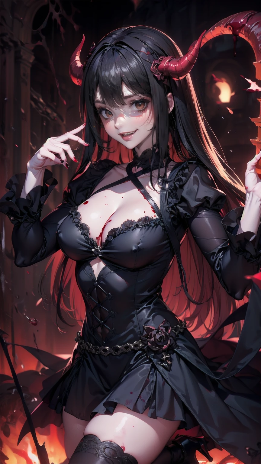 , Perfect Eyes, Soft light, High image quality, 4K resolution, masterpiece: Fine skin, Attention to detail, 最High image quality, Awards, Very detailed, High image quality, devilの女王、Horned goat, Gothic Dress, Living in the depths of hell, Lava flow, Blue long hair, blue eyes, Red High Heels, Navy Blue Dress、Shadow Face　、Have a weapon、Staring at the audience with a look of horror、beautifulgirl、とてもcute天使、Pink Gothic Fashion、cute、baby face、smile、Long skirt、Black long boots、.(最High image quality,4K,High resolution,masterpiece:1.2),Very detailed,Realistic:1.37,Spooky altar background,Dark fantasy,Red color scheme,Ominous atmosphere,Eye-catching,Dissecting the story,Anime Style,Concept Art,beautifulAttention to detail顔と (((Red eyes ))),A terrifying ritual ,devilの儀式,Premature death,Inappropriate behavior,クレイジーなsmile,Scythe Face,Girl Monster, beautiful繊細な顔立ち, Sharp Eye, Sharp Fangs, pale Skin, Dark Background Cinema Lighting, Dramatic Shadows, Gothic style, Spooky atmosphere, Dark fantasy, 1 person&#39;S, Please open your mouth wide, Open your mouth and baring your teeth,Sharp teeth like a beast, Wide lips, Very wide mouth, Red cheeks, ,(Blood splatter:1.4),Scary smile, smile,Angel Design, TwiSted smile、Bloody、Head bleeding,,,,,、Blood splatter、,(Blood splatter:1.4),skull,devil&#39;gun,Horror Style, ((Fantasy Sweet Ta Frill Pink Costume)), ((Flowing blonde hair)), ,(Blood splatter:1.4),Female Curves, Sexy flat stomach, Perfect hands, Perfect anime character face, (Pink Tata Dress)), standing, ((邪悪なsmile)), ,(Blood splatter:1.4), Steam circulation, Moonlight Illumination, night lighting, (Blood splatter:1.6),アニメAngel Design, TwiSted smile、Bloody、Head bleeding,,,,,、Blood splatter、,(Blood splatter:1.4), skull,Gothic architecture、Western architecture、ファンタジーのworld、,Victorian city, Skeleton Gas Light,Absurd, High resolution、 ((Tabletop)), ((最High image quality)), (Very detailedな), ((Very detailed)), (beautiful), ((cute)), (NFSW:1.8), 1 personで,(:1.6)、(world&#39;最も恐ろしく不気味なdevilの少女:1.5)beautifulface、Full Body Ezbian、pale, beautiful肌、beautiful金の髪、smile gently、Dark building ruins、(snow white&#39;Frill dress:1.3)、(The dark ruins are stained with blood:1.3)、Low angle full body shot、(girl is Standing in a pool of blood:1.5)、(The ground is :1.3)、(The girl lost a lot of blood........:1.3)、(クレイジーなsmile:1.6)、Spirits、(Blood dripping from the mouth:1.3)、
