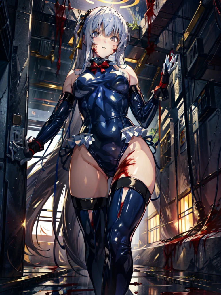 (masterpieceBest Quality:1.3), (Unreasonable absolute solutions), (12K), (Beautifully detailed face and eyes), (Detailed illustrations), (超Detailed illustrations),Perfect Anatomy, Best Quality, 
,Anime Style,(rilled swimsuit,
thighhighs,
detached sleeves), (Anime Style:1.6) ,
,(White Fingers:1.2,Black gloves),,(sneer:1.2),,break,((A lot of bloody bodies:1.4),(Absolutely long hair:1.4), View from below,(Futuristic bloody base interior:1.4),1girl, Kasumi
