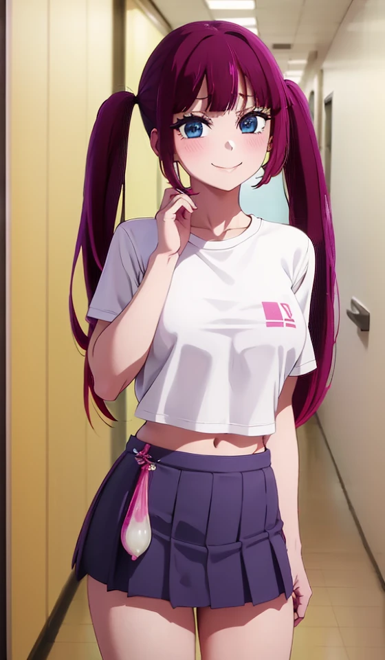 1girl,, twintail,s detailed eyes, tight shirt, school uniforms,miniskirt,school hallway,lrge breasts, sagging breasts,(makeup:1.1),lipstick,center open,midriff ,smirk,groin,Condom belt