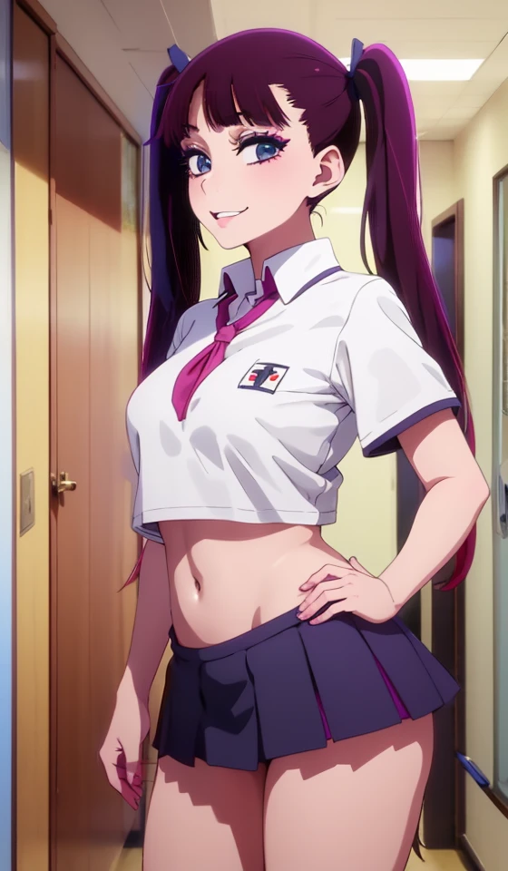 1girl,, twintail,s detailed eyes, tight shirt, school uniforms,miniskirt,school hallway,lrge breasts, sagging breasts,(makeup:1.1),lipstick,center open,midriff ,smirk,groin,Condom belt