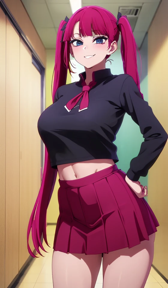 1girl,, twintail,s detailed eyes, tight shirt, school uniforms,miniskirt,school hallway,lrge breasts, sagging breasts,(makeup:1.1),lipstick,center open,midriff ,smirk,groin,Condom belt