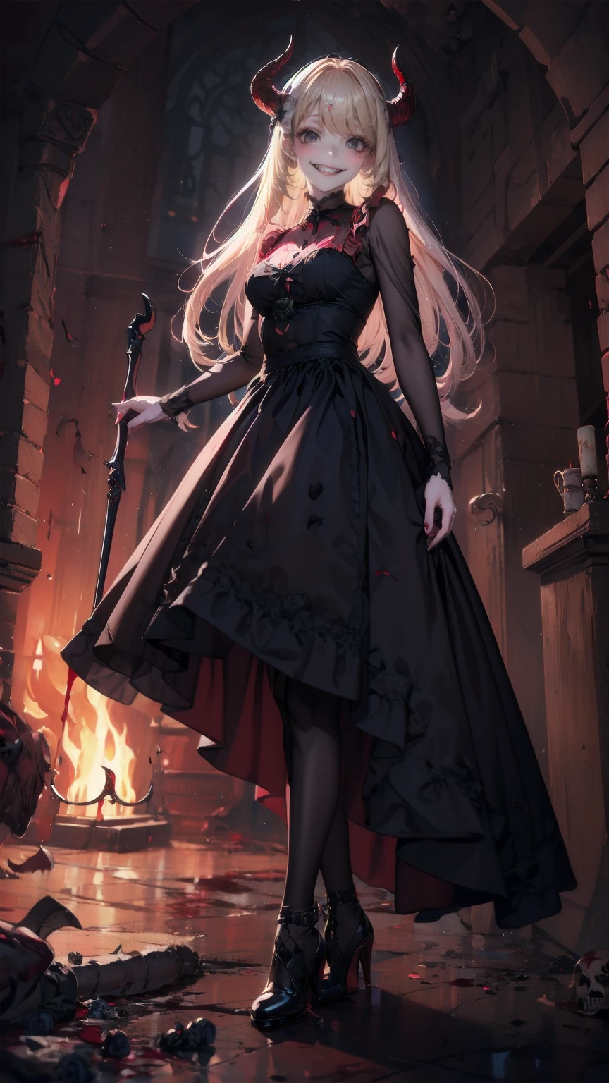 , Perfect Eyes, Soft light, High image quality, 4K resolution, masterpiece: Fine skin, Attention to detail, 最High image quality, Awards, Very detailed, High image quality, devilの女王、Horned goat, Gothic Dress, Living in the depths of hell, Lava flow, Blue long hair, blue eyes, Red High Heels, Navy Blue Dress、Shadow Face　、Have a weapon、Staring at the audience with a look of horror、beautifulgirl、とてもcute天使、Pink Gothic Fashion、cute、、smile、Long skirt、Black long boots、.(最High image quality,4K,High resolution,masterpiece:1.2),Very detailed,Realistic:1.37,Spooky altar background,Dark fantasy,Red color scheme,Ominous atmosphere,Eye-catching,Dissecting the story,Anime Style,Concept Art,beautifulAttention to detail顔と (((Red eyes ))),A terrifying ritual ,devilの儀式,Premature death,Inappropriate behavior,クレイジーなsmile,Scythe Face,Girl Monster, beautiful繊細な顔立ち, Sharp Eye, Sharp Fangs, pale Skin, Dark Background Cinema Lighting, Dramatic Shadows, Gothic style, Spooky atmosphere, Dark fantasy, 1 person&#39;S, Please open your mouth wide, Open your mouth and baring your teeth,Sharp teeth like a beast, Wide lips, Very wide mouth, Red cheeks, ,(Blood splatter:1.4),Scary smile, smile,Angel Design, TwiSted smile、Bloody、Head bleeding,,,,,、Blood splatter、,(Blood splatter:1.4),skull,devil&#39;gun,Horror Style, ((Fantasy Sweet Ta Frill Pink Costume)), ((Flowing blonde hair)), ,(Blood splatter:1.4),Female Curves, Sexy flat stomach, Perfect hands, Perfect anime character face, (Pink Tata Dress)), standing, ((邪悪なsmile)), ,(Blood splatter:1.4), Steam circulation, Moonlight Illumination, night lighting, (Blood splatter:1.6),アニメAngel Design, TwiSted smile、Bloody、Head bleeding,,,,,、Blood splatter、,(Blood splatter:1.4), skull,Gothic architecture、Western architecture、ファンタジーのworld、,Victorian city, Skeleton Gas Light,Absurd, High resolution、 ((Tabletop)), ((最High image quality)), (Very detailedな), ((Very detailed)), (beautiful), ((cute)), (NFSW:1.8), 1 personで,(:1.6)、(world&#39;最も恐ろしく不気味なdevilの少女:1.5)beautifulface、Full Body Ezbian、pale, beautiful肌、beautiful金の髪、smile gently、Dark building ruins、(snow white&#39;Frill dress:1.3)、(The dark ruins are stained with blood:1.3)、Low angle full body shot、(girl is Standing in a pool of blood:1.5)、(The ground is :1.3)、(The girl lost a lot of blood........:1.3)、(クレイジーなsmile:1.6)、Spirits、(Blood dripping from the mouth:1.3)、
