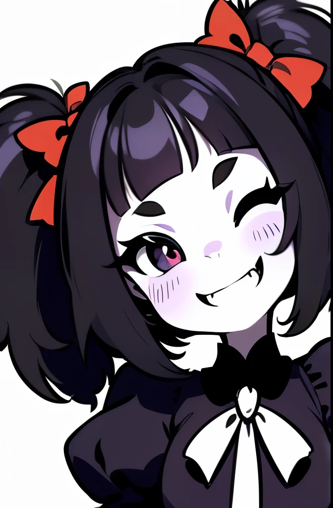 1girl, ;), arthropod_girl, closed_mouth, extra_arms, extra_eyes, fangs, hair_ribbon, head_tilt, indiefoxtail, looking_at_viewer, muffet, one_eye_closed, puffy_short_sleeves, puffy_sleeves, ribbon, short_sleeves, short_twintails, simple_background, smile, solo, spider_girl, spot_color, teeth, twintails, two_side_up, undertale, white_background