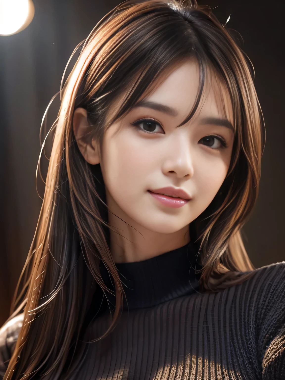 best quality, ultra-detailed, intricately detailed hyperdetailed, realistic, highly detailed, sharp focus, Realistic, Photorealistic:1.3, masterpiece, perfect face, perfect symmetrically eyes, perfect full lips, Thin face and sharp features, hyper detailed, hyper realistic, high resolution, Japanese idol, Cute and charming, fascinate, Beautiful Face, (black sweater), light brown hair, Beautiful hairstyle, (Slightly open mouth), (Tempting Smile:1.2), portrait, cinematic lighting, Dark background,