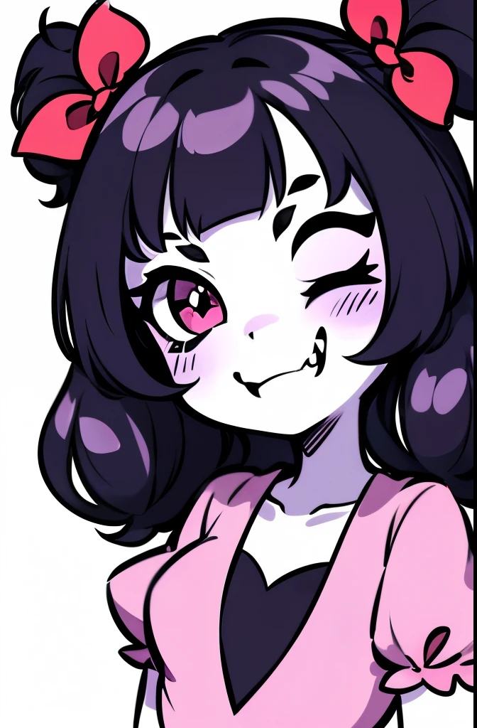 1girl, ;), arthropod_girl, closed_mouth, extra_arms, extra_eyes, fangs, hair_ribbon, head_tilt, indiefoxtail, looking_at_viewer, muffet, one_eye_closed, puffy_short_sleeves, puffy_sleeves, ribbon, short_sleeves, short_twintails, simple_background, smile, solo, spider_girl, spot_color, teeth, twintails, two_side_up, undertale, white_background