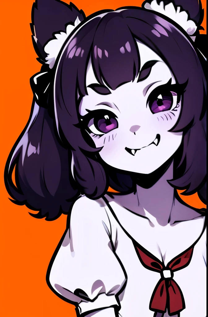 1girl, ;), arthropod_girl, closed_mouth, extra_arms, extra_eyes, fangs, hair_ribbon, head_tilt, indiefoxtail, looking_at_viewer, muffet, one_eye_closed, puffy_short_sleeves, puffy_sleeves, ribbon, short_sleeves, short_twintails, simple_background, smile, solo, spider_girl, spot_color, teeth, twintails, two_side_up, undertale, white_background