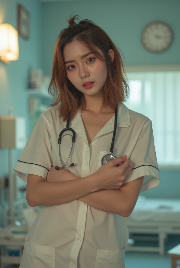 A cinematic masterpiece portrait of a stunning nurse, featuring a 1-girl focus. A beautiful, gloss reddish-brown shorthair-haired woman with disheveled hair and floating strands framing her face. She standing tall, wearing a nurse's outfit without the cap, wrapping a stethoscope around her neck like a symbol of authority. Her hourglass figure is accentuated by a beautiful chest line and shiny skin. A captivating smile spreads across her face as she looks directly into the camera, talking to the cameraman. The hospital patient room backdrop provides a stark contrast to her bold, sexy pose. Her fingers, delicate and manicured, grasp something unseen. Create an atmosphere of intimacy and sensuality in this stunning portrait.