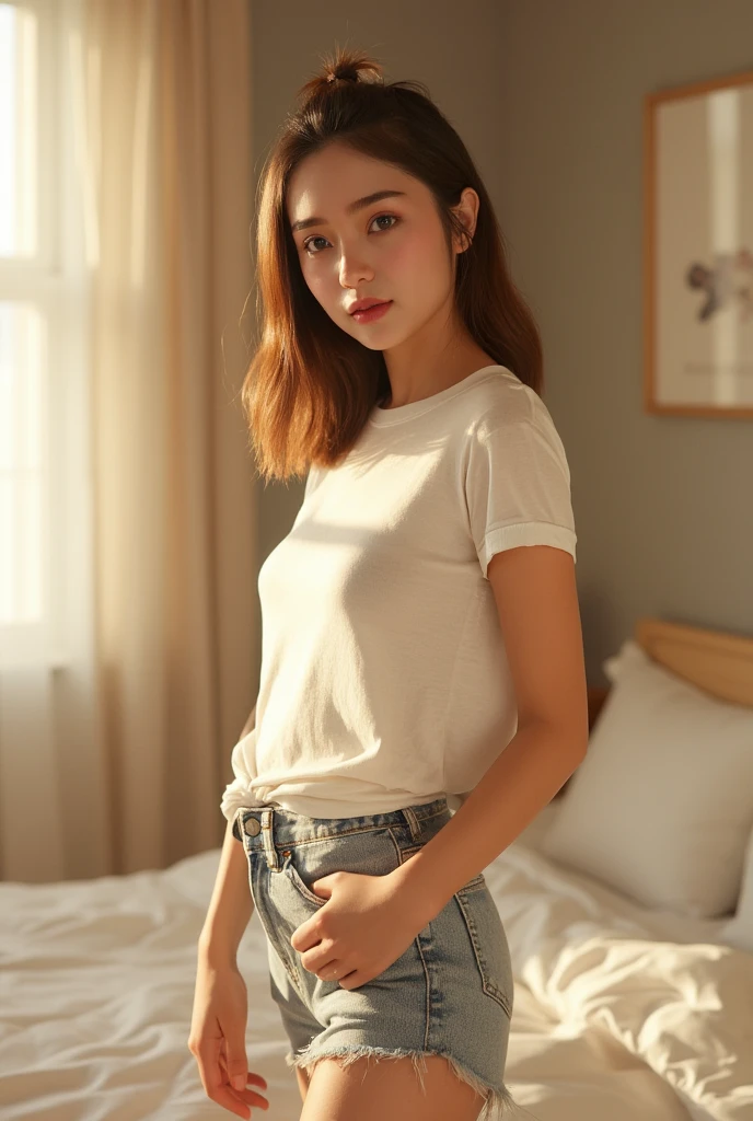 1 girl, t-shirt, skirt, natural breasts, petite body, standing, bedroom, stylish, detailed face, beautiful detailed eyes, beautiful detailed lips, extremely detailed face, longeyelashes, photorealistic, 8k, high quality, hyper detailed, realistic, beautiful lighting, natural lighting, soft lighting, warm colors, vibrant colors