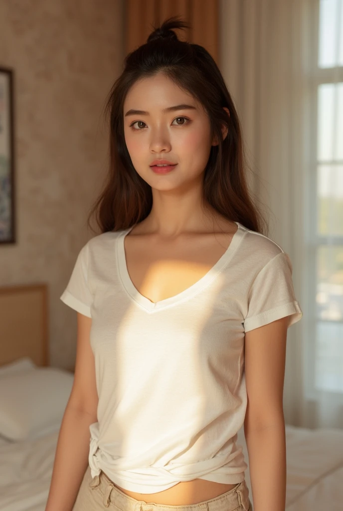 1 girl, t-shirt, skirt, natural breasts, petite body, standing, bedroom, stylish, detailed face, beautiful detailed eyes, beautiful detailed lips, extremely detailed face, longeyelashes, photorealistic, 8k, high quality, hyper detailed, realistic, beautiful lighting, natural lighting, soft lighting, warm colors, vibrant colors