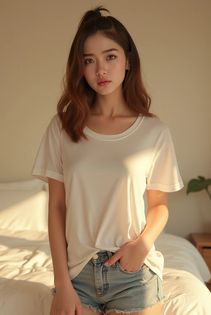 1 girl, t-shirt, skirt, natural breasts, petite body, standing, bedroom, stylish, detailed face, beautiful detailed eyes, beautiful detailed lips, extremely detailed face, longeyelashes, photorealistic, 8k, high quality, hyper detailed, realistic, beautiful lighting, natural lighting, soft lighting, warm colors, vibrant colors