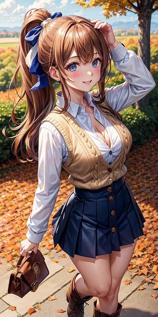 Anime girl in the middle of the autumn forest with super big breasts and detailed school uniform with a dress shirt opening it showing her bra and revealing one of her breasts NSFW smiling with a blushing face wearing a pleated mini skirt with long brown hair.