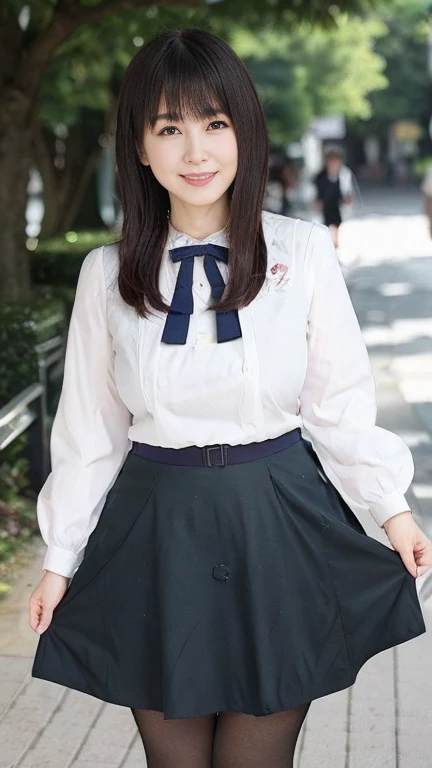 Japanese Mature,(55 years old:1.2),White skin,(plump body,Large Breasts,Emphasizes plump thighs:1.5),(nogizaka_Costume,skirt lift,earrings:1.3),(Standing in the park,Full body shot from head to toe,full body:1.2),looking at viewer,smile,surrealism, depth of field, from front, Sony FE, 8k,Pink Panties,nsfw