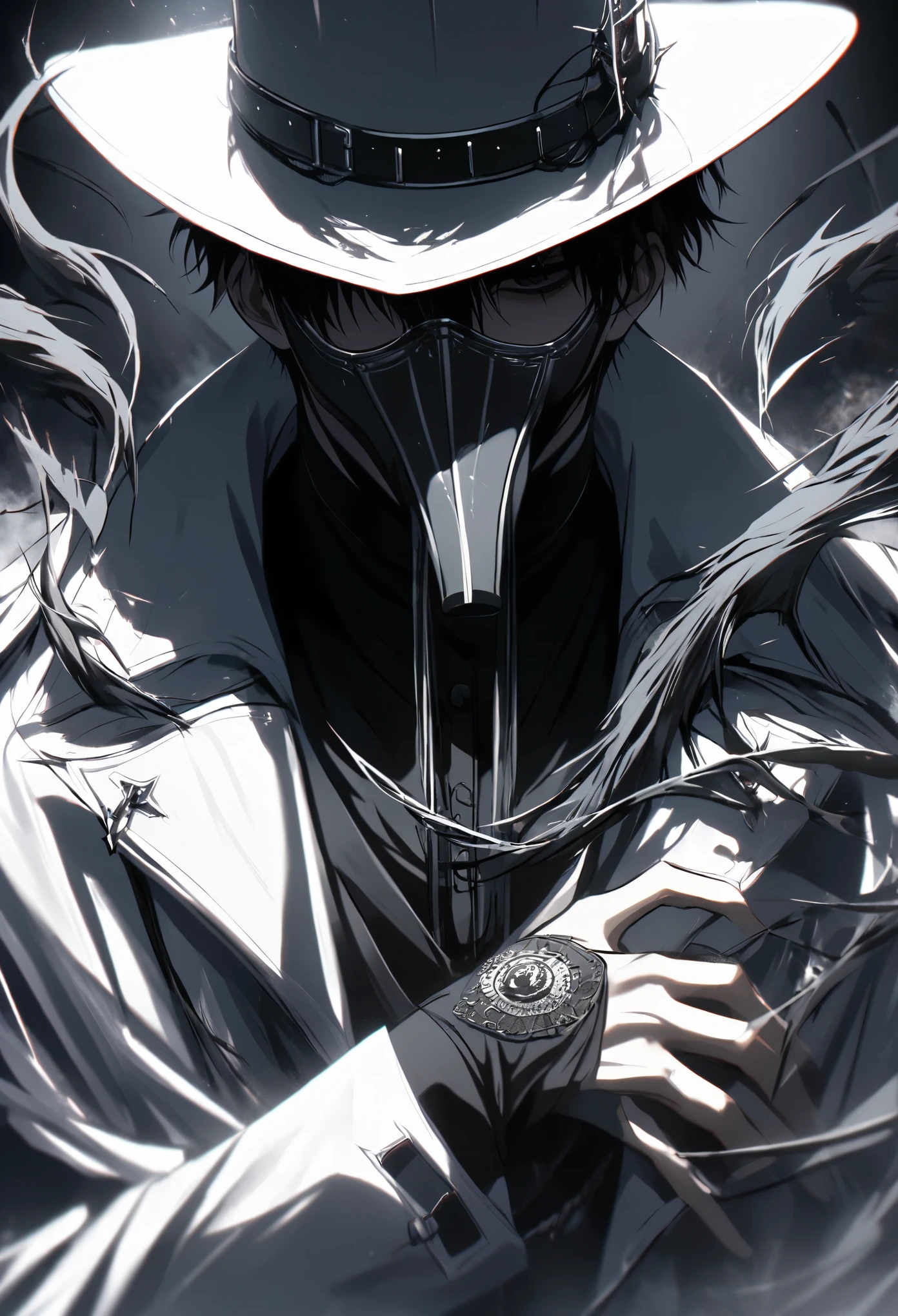 solo, handsome, 1 male, short hair, black hair, black eyes, black shirt, white coat, white hat, plague doctor