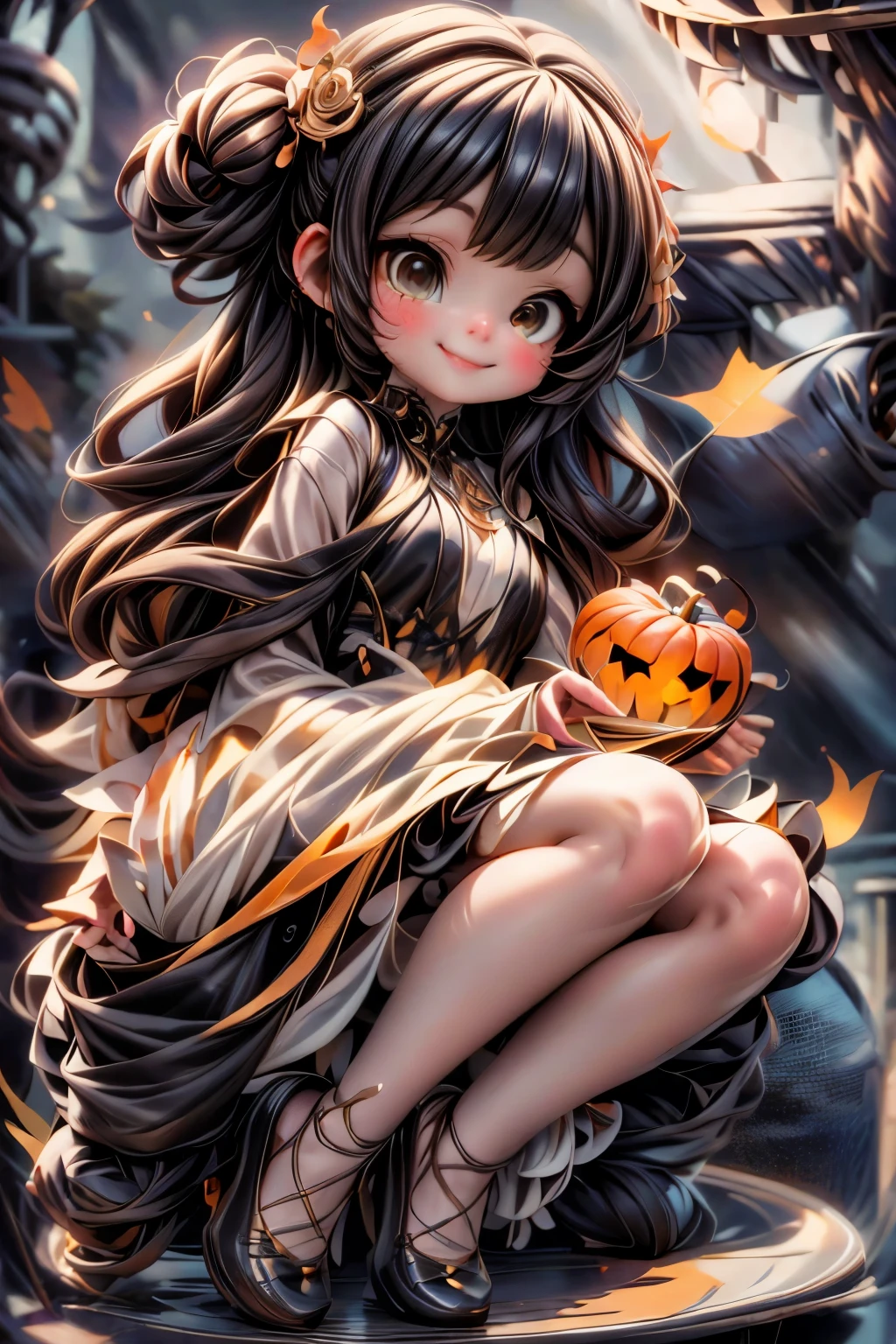 a demon girl smiling in a lace dress sitting on the floor, witch clothes, lace clothing, tights, (((sfw)))