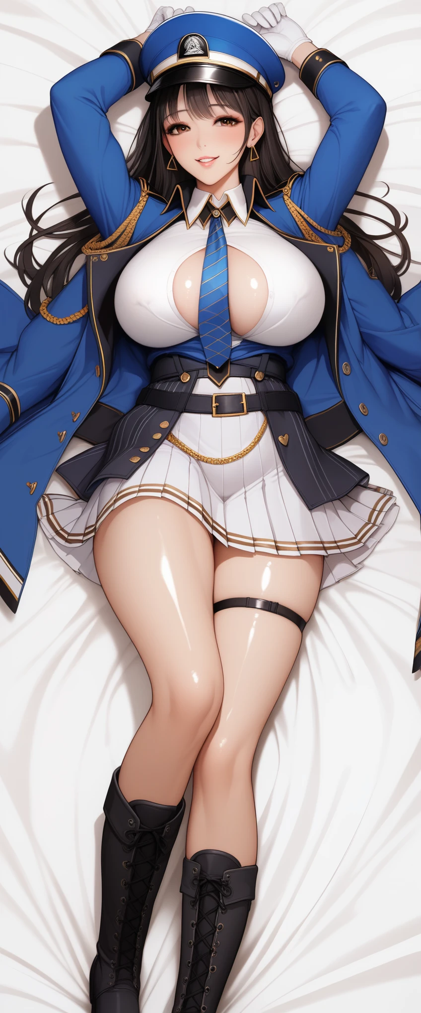 (rating_explicit), score_9, score_8_up, score_7_up, uncensored, dsldef, brown eyes, black hair, long hair, bangs, large breasts, peaked cap, earrings blue coat, coat on shoulders, military uniform, black jacket, white shirt, collared shirt, blue necktie, pleated skirt, white skirt, belt, white gloves, thigh strap, knee boots, BREAK 1girl, solo, lying on back, (dakimakura:1.3), false smile, despair, flustered, mascara, eyeliner, eyeshadow, (makeup:1.2), (parted lips), arms up, gleaming skin, shiny glossy skin, glamorous perfect female proportion, oily skin, smile, blush, gigantic breast, sagging breast, bedsheets, pillow, on bed, heart shaped, hentai, nsfw