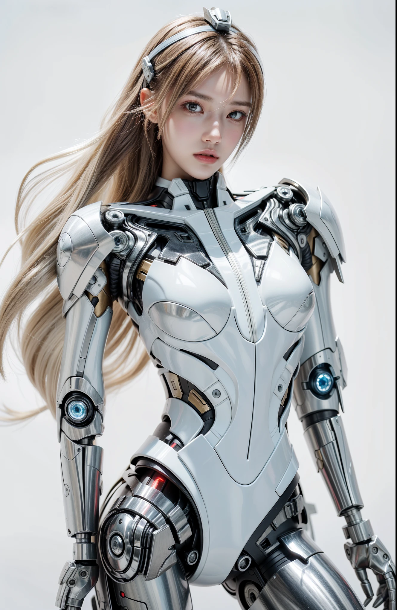 beautiful face,Facing Japan, 1 female, big, Curvaceous, (16k, RAW photo, highest quality, masterpiece: 1.2), (HDR, realistic, realistic: 1.37) (Tube attached to the body), (Bikini Cyborg Robot Parts)))), (light gray hair), long hair, wavy hair, twin tails, medium shot, ( enchanting smile)), (black eye), double eyelid, princess cut, from below, (whole body),take a pose,,In the laboratory,( Mechanical vertebrae attached to the back with tubes connected to blood vessels)),((Mechanical neck attached to the neck)),(Wires and cables mounted on the head and body),(character focus),,perfect woman image,完璧な???????, ???????, whole bodyショット, Up to four fingers to one thumb relationship, spherical joint,