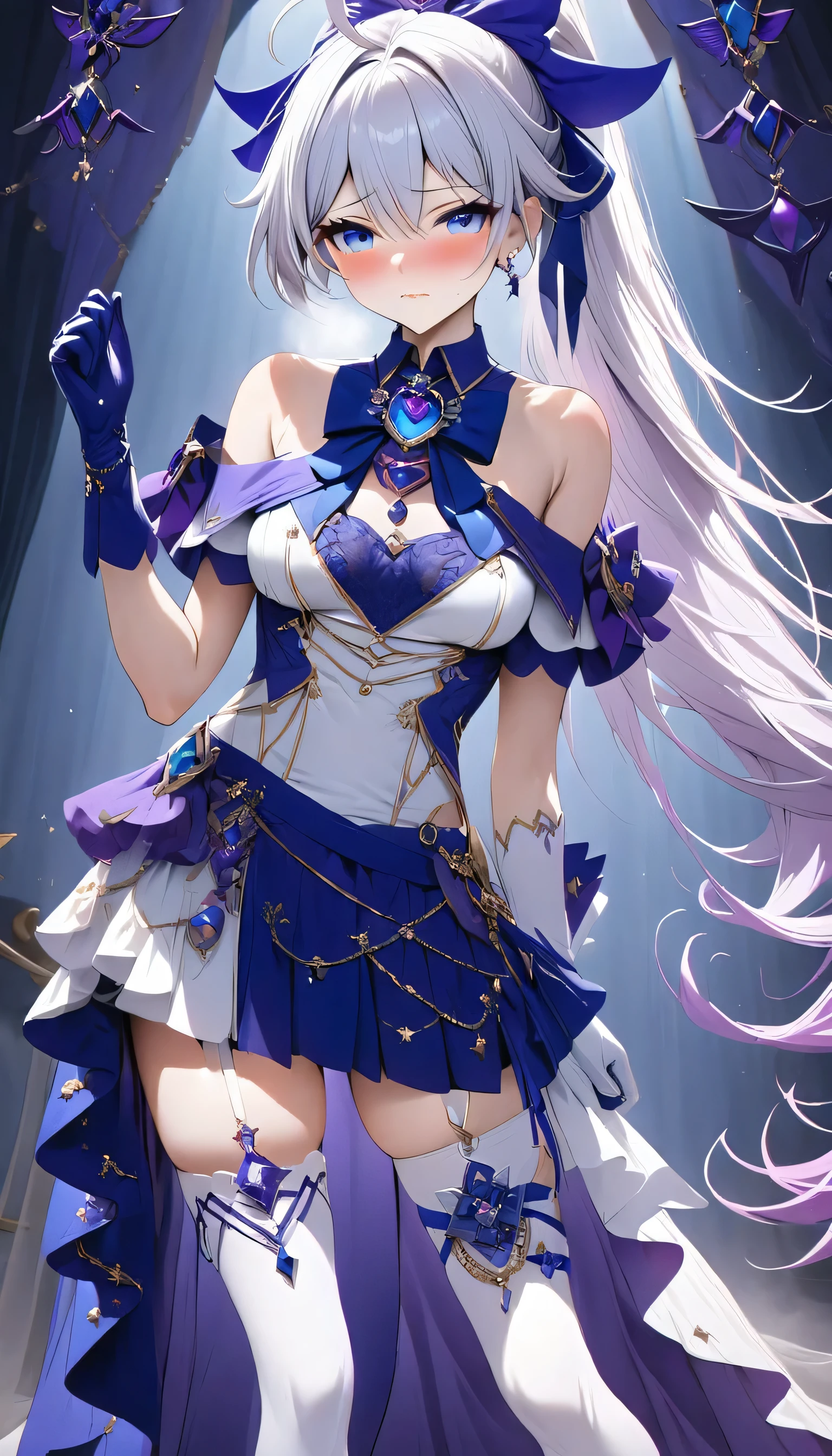 best qualityer,tmasterpiece,Ultimate resolution,downy,Extremely colorful,Colorful,Lady Knight,Royal Sister,Blue-purple armor skirt,Full body set with gemstones,amethyst,huge tit,(Short thin purple hair,High ponytail),Shield set with precious stones,jewelry,Pedras preciosas,Normal posture