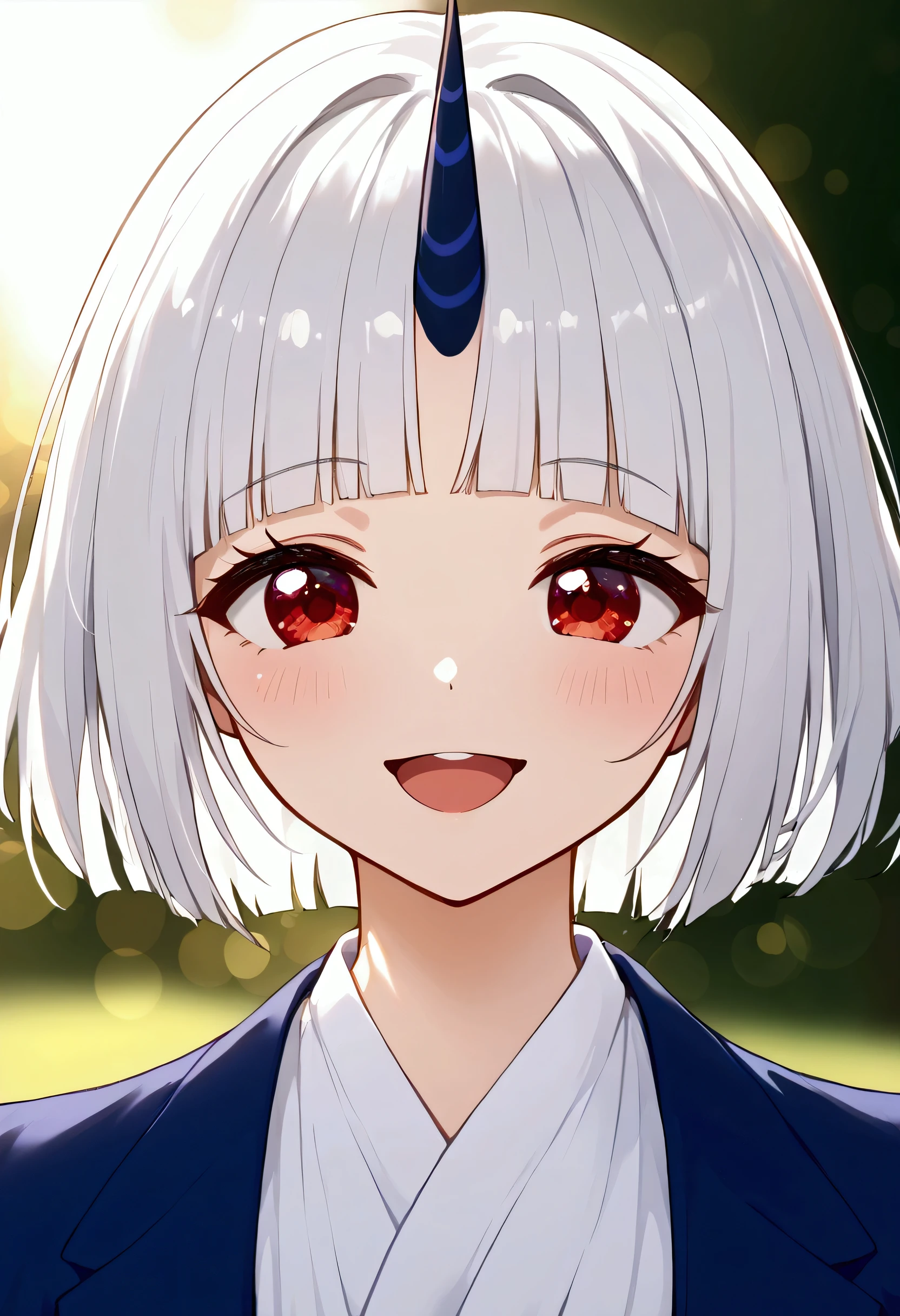 nai3, close up, masterpiece, best quality, bokeh, cute, Unicorn girl, (Open Close), (), (White Hair:1.5) (Short Hair:1.4), (Red eyes)(Blunt bangs:1.3)(unicorn horn:1.6)Laugh innocently, standing