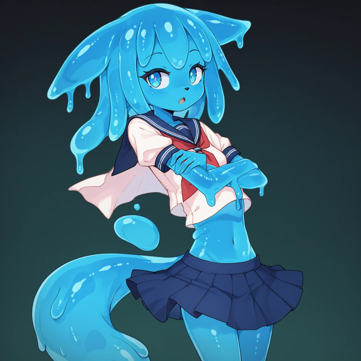 score_9, score_8_up, score_7_up, score_6_up, score_5_up, score_4_up, アニメ, Anthropomorphic character, with brown and white fur, Fluffy tail, cropped top with short sleeves, overskirt, blue colored eyes, slime girl, blue body color, прозрачный