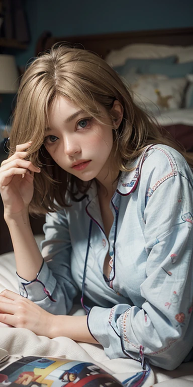 (masterpiece: 1.2, Portraiture, Highest quality), Realistic, (Live Action, Intricate details, Written boundary depth), Highest quality, masterpiece, Attention to detail, semi-Realistic, Sleeping in bed, shy, 21 years old, Short Blonde, blue eyes, pajamas, Slim figure、Canopy bed、