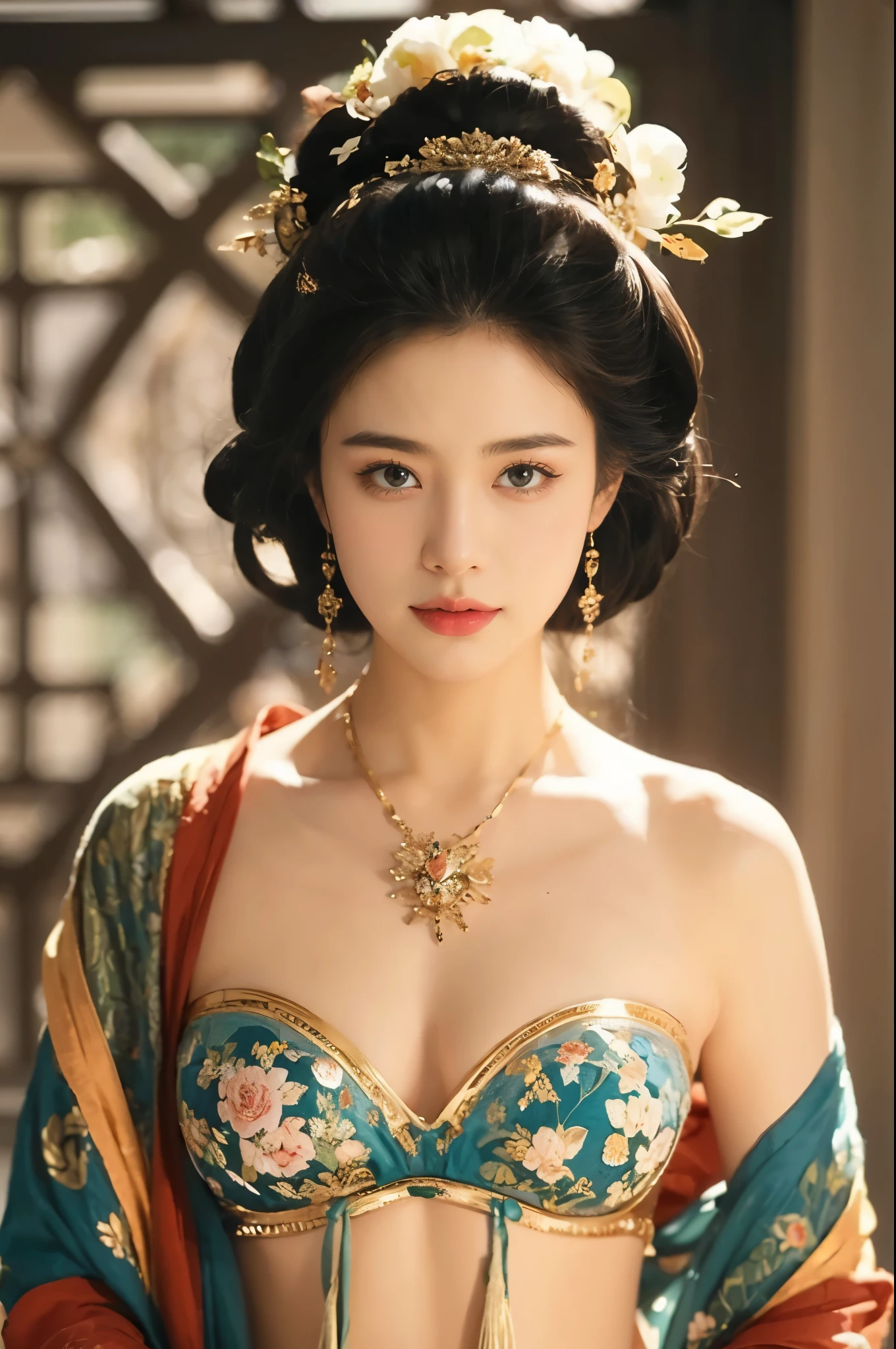 A woman seen from the front, bent over on the ground facing forward, legs spread apart, busty and naked, wearing a crown and showing her thighs and feet from below, in the Chinese imperial court of the Qing dynasty.。She is completely naked, showing off her gorgeous large flowers and hairpins, her hair tied up and pulled up, and the background is the stone paving of the Chinese palace of the Qing Dynasty.