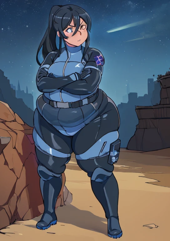 ((best quality, 4k, 8k, anime girl, masterpiece)), ((((beautiful extremely detailed face)))), (((beautiful eyes))), cinematic lighting, ((perfect anatomy)), (((chubby, SSBBW, huge belly, round belly, skinny arms, very thick thighs, very thick legs))), (full body view), (brownish skin, tanned skin), ((thick outlines, anime style, neon colours)), (((Pitohui_Elza))), (((dark gray/blue rubber body suit, belt, boots))), ((black hair, hair between eyes, long ponytail)), ((cyberpunk, desert, night sky)), ((holding a gun)),