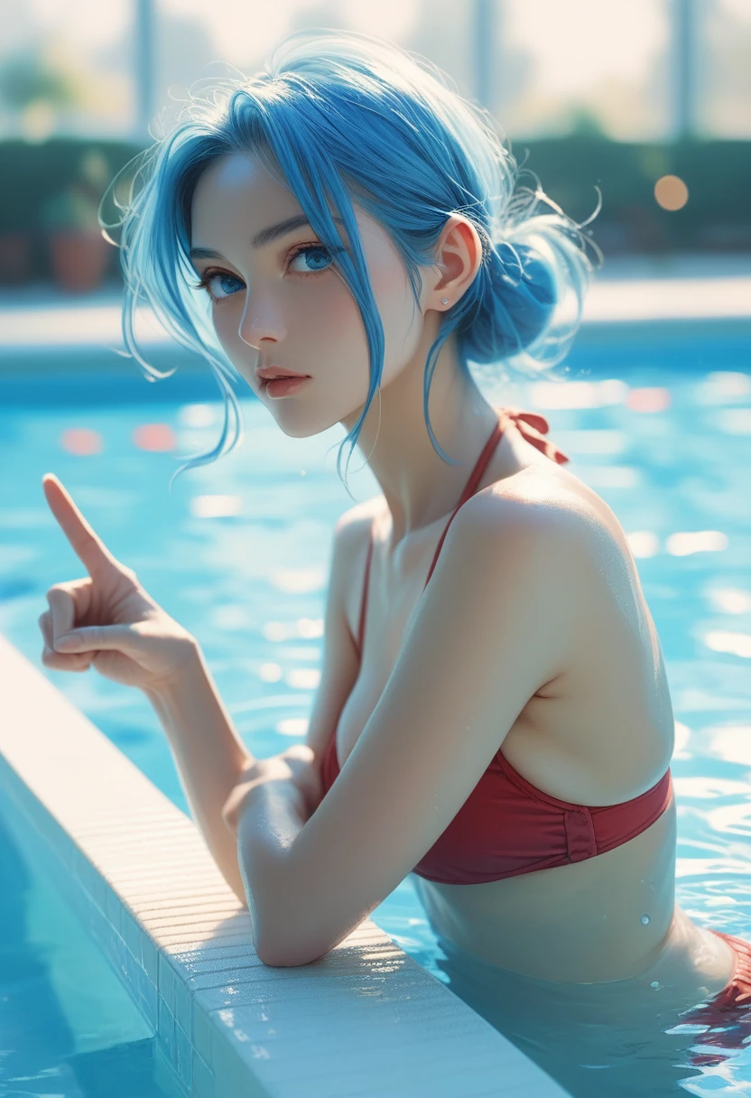 ecchi, sexy, blue hair, blue eyes, swimming pool, red bikini, fingers pointing down