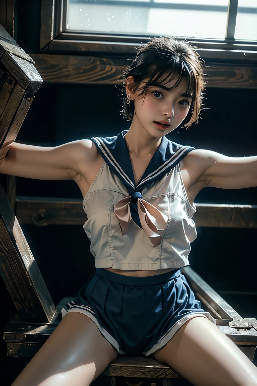 ((in stocks pose))、masterpiece,Highest quality、16k、Please redeem, Super A high resolution, (Realistic)、RAW Photos,Japanese super beautiful girl:1.2, Super sexy, Please redeem, Very detailed,Very accurate, ((Wearing a sailor suit, Being restrained)), ((X column constraint table)), (Ultra mini skirt),Fascinating short hair:1.3,Beautiful breasts:1.1, Detailed eyes:1.5, Looking at the audience:1.2,((Crucifixion))、spread_arms、Shooting from directly below、Realistic Face、Realistic Skin、((Spread your legs wide)),Seductive lips、Earrings