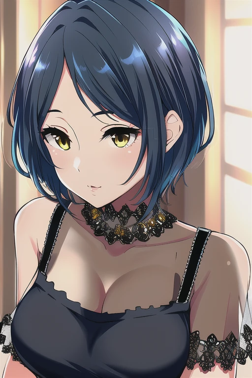 pretty girl, Super detailed 目, Super detailed, Highly detailed CG, masterpiece, Best Quality, Highly detailed CG, (Soft Shadows), (Very detailed and beautiful:1.8), One girl, camisole,See-through clothing,Cleavage, (Perfect hands, Perfect Anatomy),Black underwear,Lace underwear short hair, Parted bangs, Yellow Eyes, Large Breasts