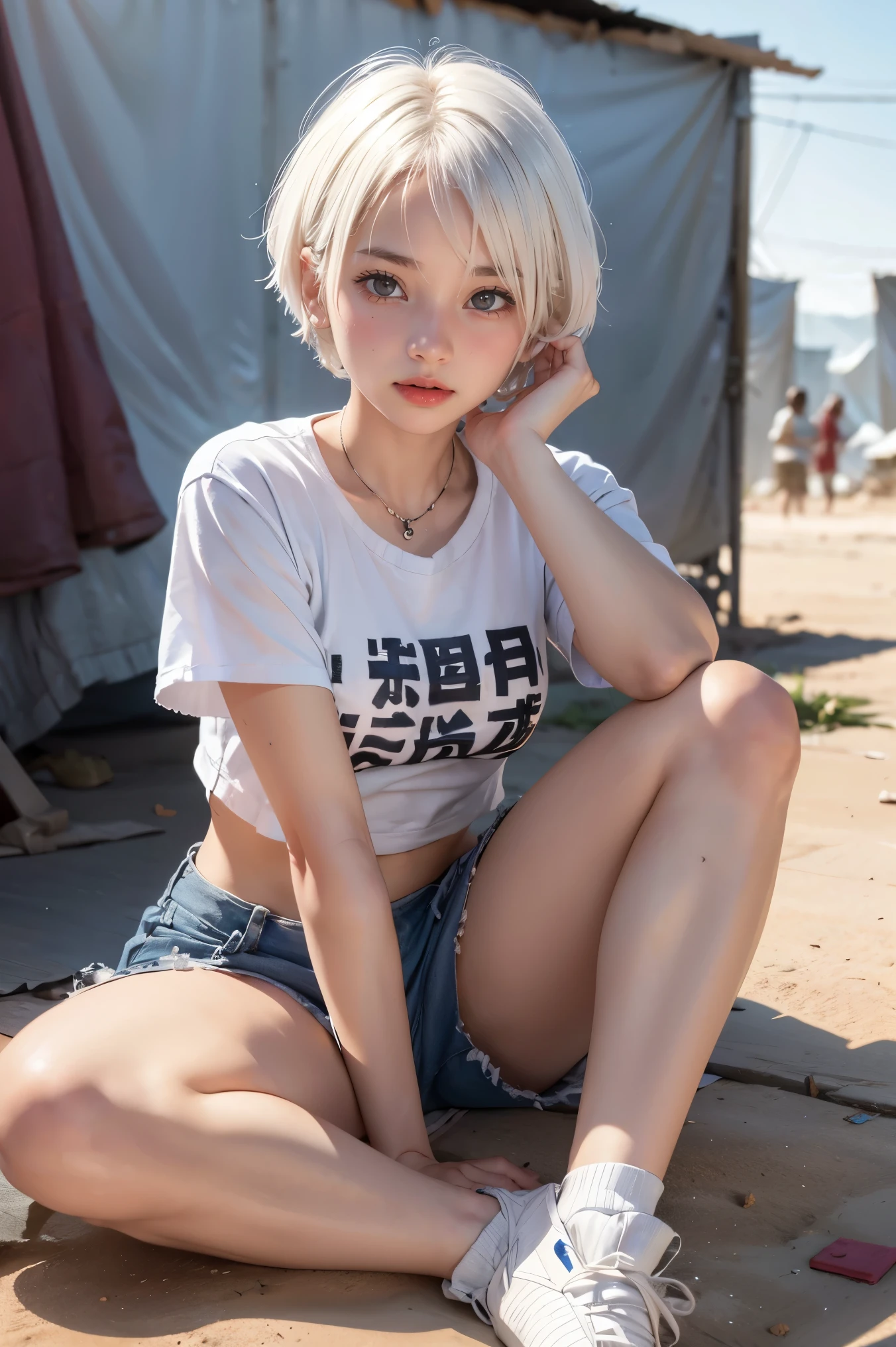 woMan with short white hair, fine eyes, tattered short sleeves, refugee camp background, sitting on the ground  