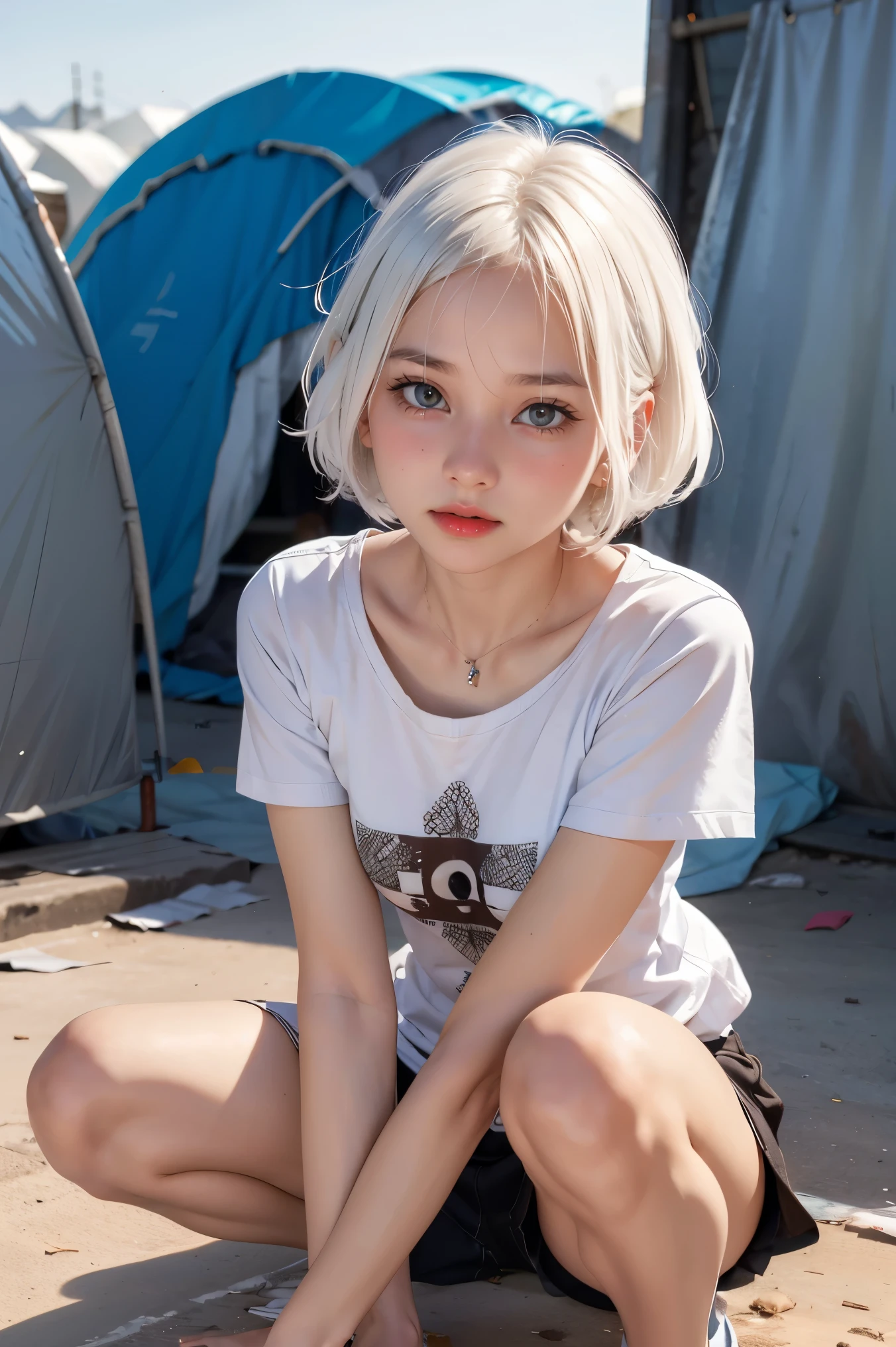 woMan with short white hair, fine eyes, tattered short sleeves, refugee camp background, sitting on the ground  