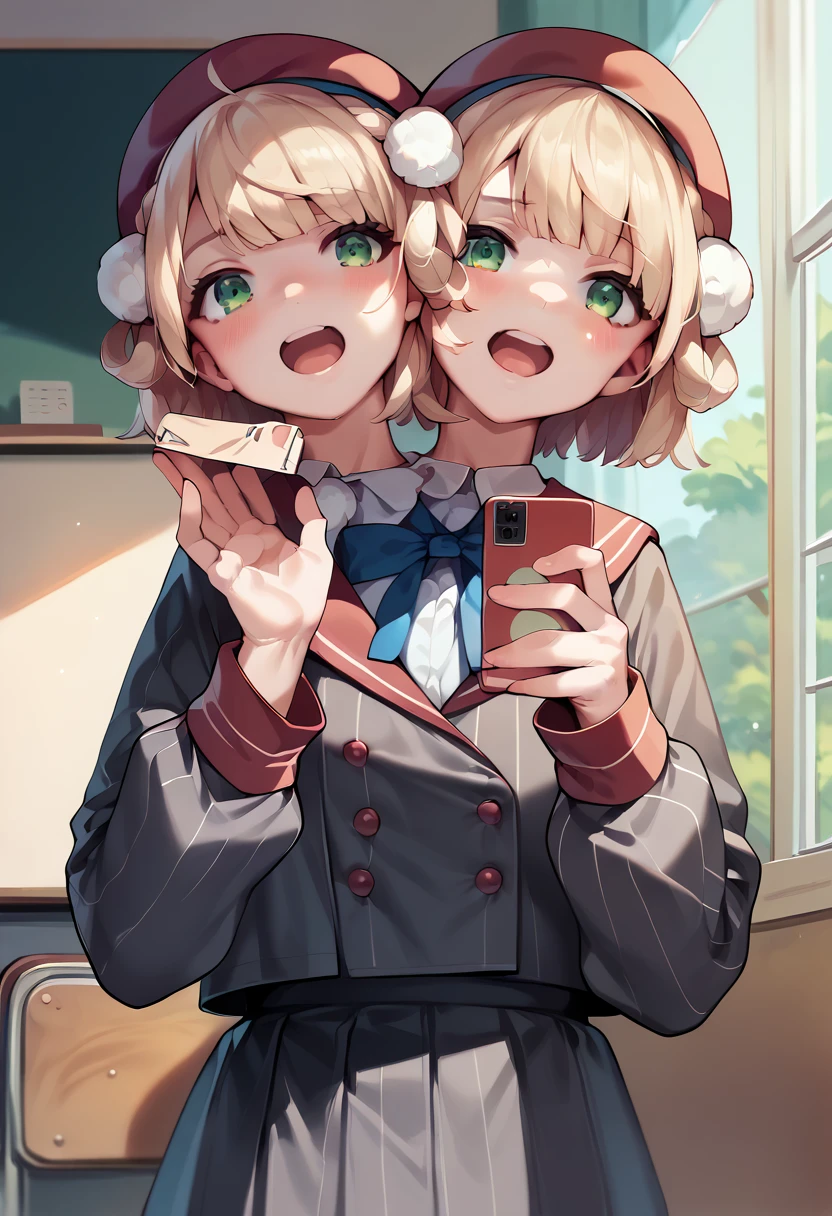 (masterpiece, best quality), best resolution, two heads, 1girl, solo, uimm, def, both hands holding one smartphone, looking at her hands, at classroom, focus, standing, medium shot, dynamic angle