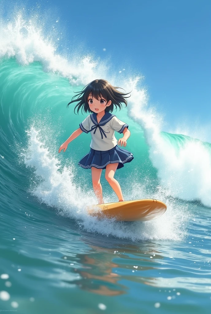 a little lovely ??? girl,Hair over the shoulder,Surfing by the sea,Surrounded by waves,And schools of fish