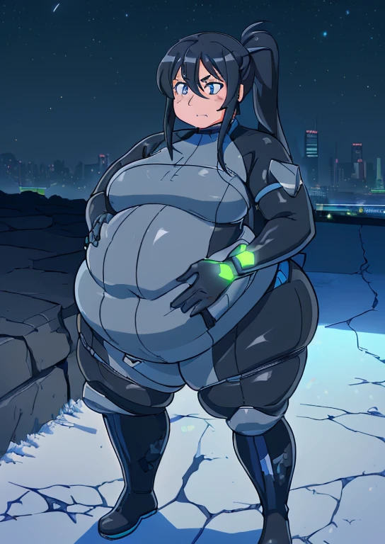 ((best quality, 4k, 8k, anime girl, masterpiece)), ((((beautiful extremely detailed face)))), (((beautiful eyes, gray eyes, tsurime))), cinematic lighting, ((perfect anatomy)), (((chubby, SSBBW, very huge belly, round belly, pregnant, very thick thighs, very thick legs))), (full body view), (brownish skin, tanned skin), ((thick outlines, anime style, neon colours)), (((Pitohui_Elza))), (((dark gray/blue rubber body suit, belt, boots))), ((black hair, hair between eyes, long ponytail)), ((cyberpunk, desert, night sky)),