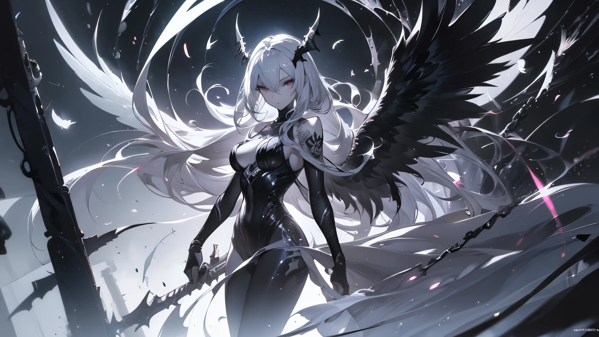 ((masterpiece, Best quality)),whole body,Double,Standing picture,Black and grey and white, Angels and Succubi,Wings of Steel,Ink style,feather,Detailed face,whole body,Perfect body proportions,Glowing eyes,sexy,Tattoo,extremely beautiful,transparent,nude